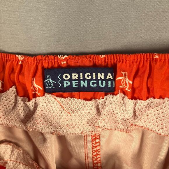 Original Penguin Swim Trunks Boys Medium Red White Penguin Logo Print Board Sho - Picture 8 of 16